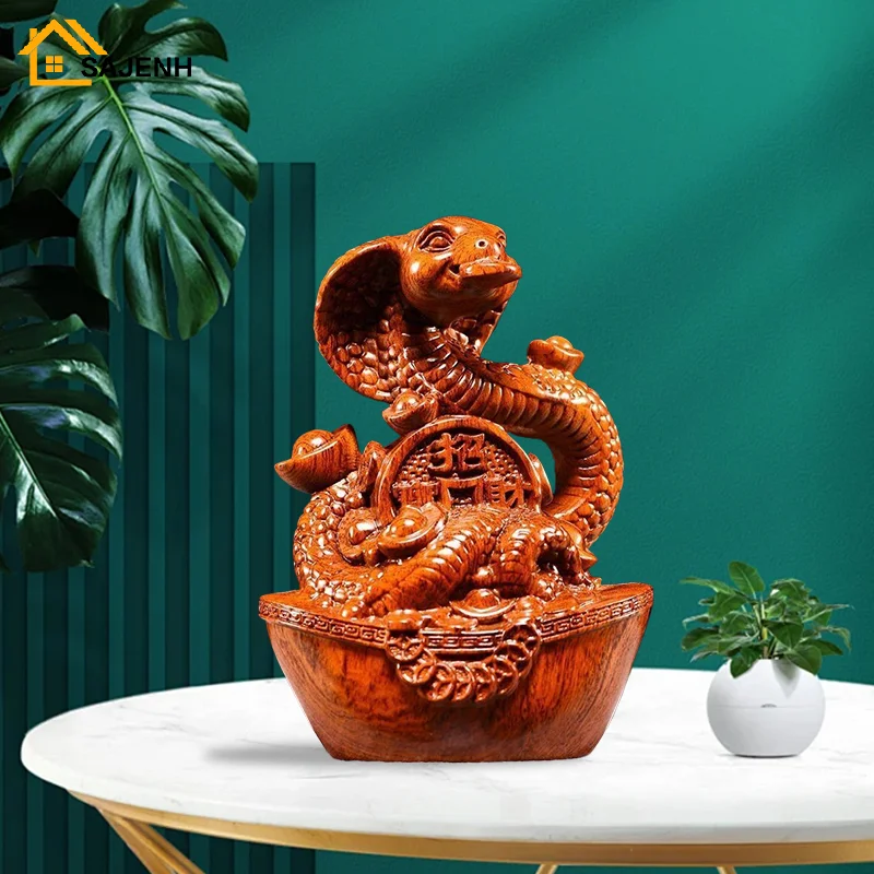 Wooden Carving Snake Doll Ornaments Vintage Chinese Zodiac Mascot Snake Model Mini Animal Statue Crafts Feng Shui Ornaments