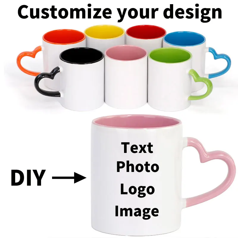 

DIY Custom Print Photo Pictures Image Logo Text Onto Ceramic Mug Heart Shape Handle Color Inside and Hand Personalized Cup