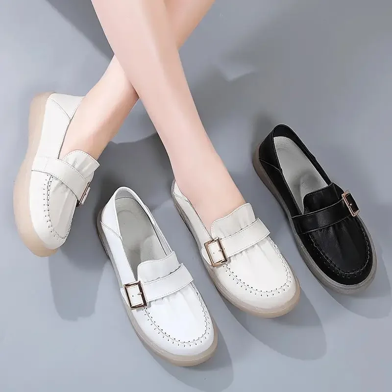 

Genuine Leather Fashion Loafers 2024 Spring and Summer New round Head Chunky Heel Moccasins Soft Bottom Women