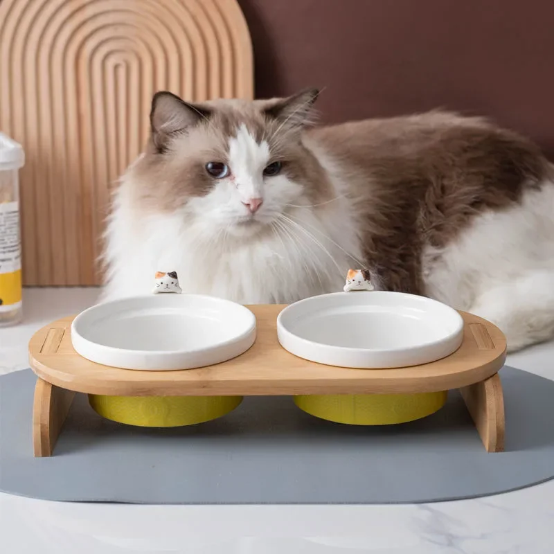

Cartoon Paw Print Bowls Cat Dog Feeder Bowl Ceramic Pet Food Tableware Water Bowl Bamboo Frame Pet Supplies Cat Accessory