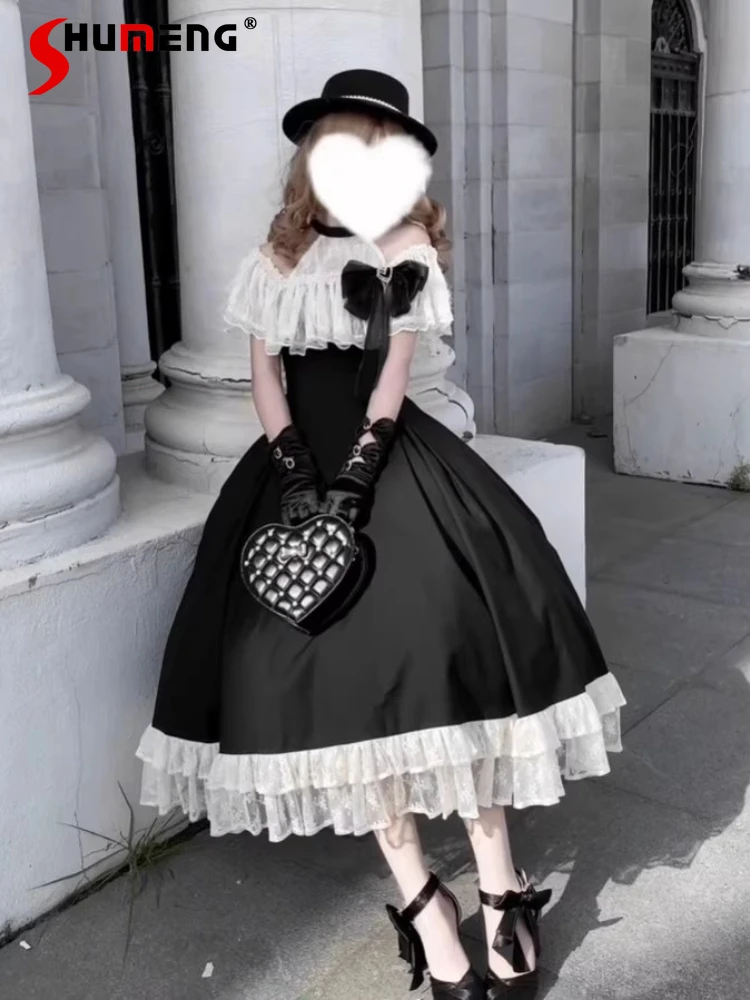 

Elegant Sweet Lace Stitching Halter Off-shoulder Cape Sleeves High Waist Lace-up Slim A-line Lolita CLA Black Long Dress Women