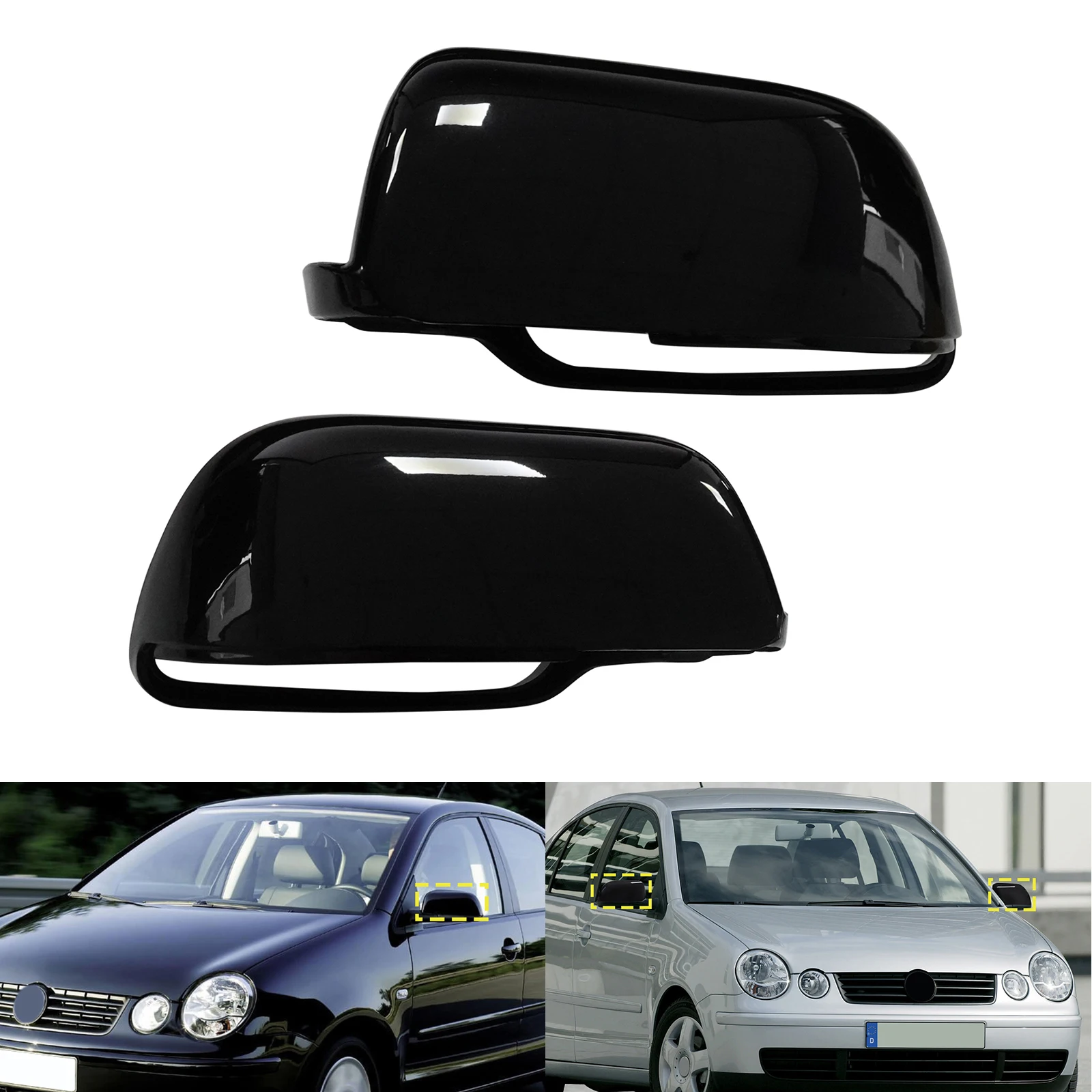 

2X Gloss Black Side Wing Door Mirror Cover Caps Casing For VW Polo 9N 2002-2005/04 Rearview Parts 6Q0857537 6Q0857538