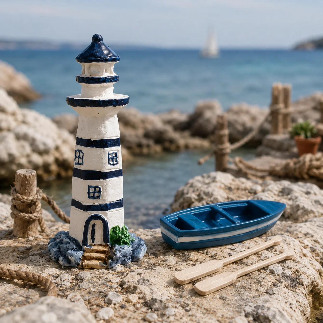 Simulation of Coastal Lighthouse Figurine, Miniature Boat Oars, Sand Table Fish Tank Decoration, Shooting Props