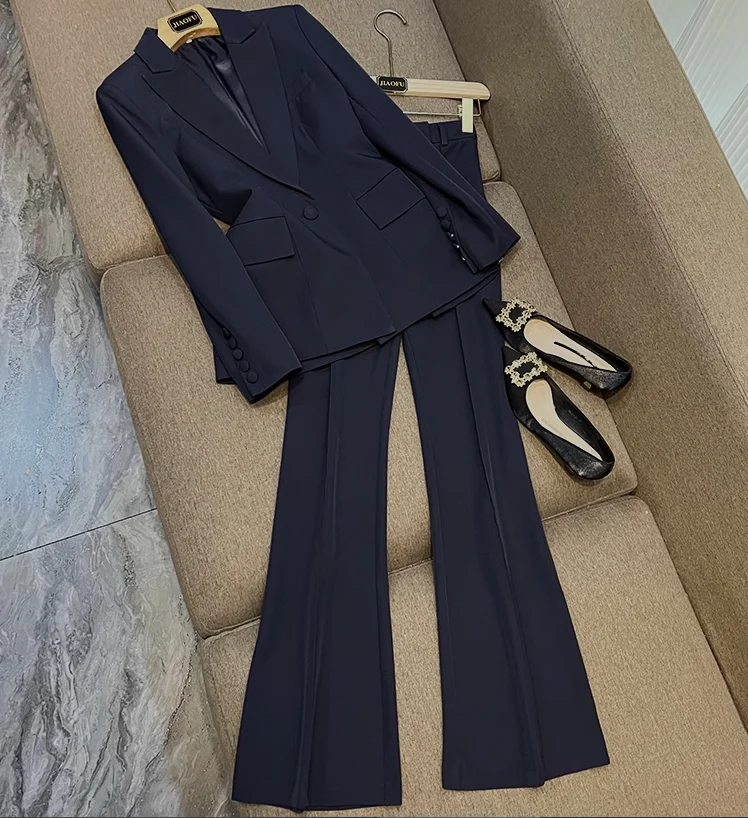 

2024 Lady Office High Quality Spring Designed Solid Suit Single Button Long Sleeve Blazer Flared Pants Women 2Pcs