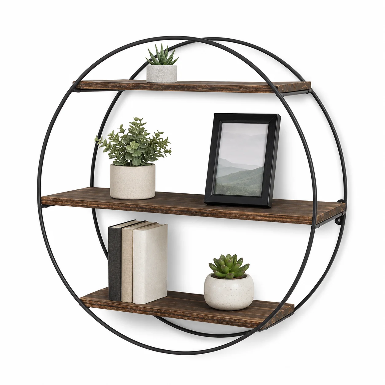 3-Tier Round Wall Shelf, Pine Wood Floating Shelves with Black Iron Frame, Industrial Display Rack for Living Room Bedroom