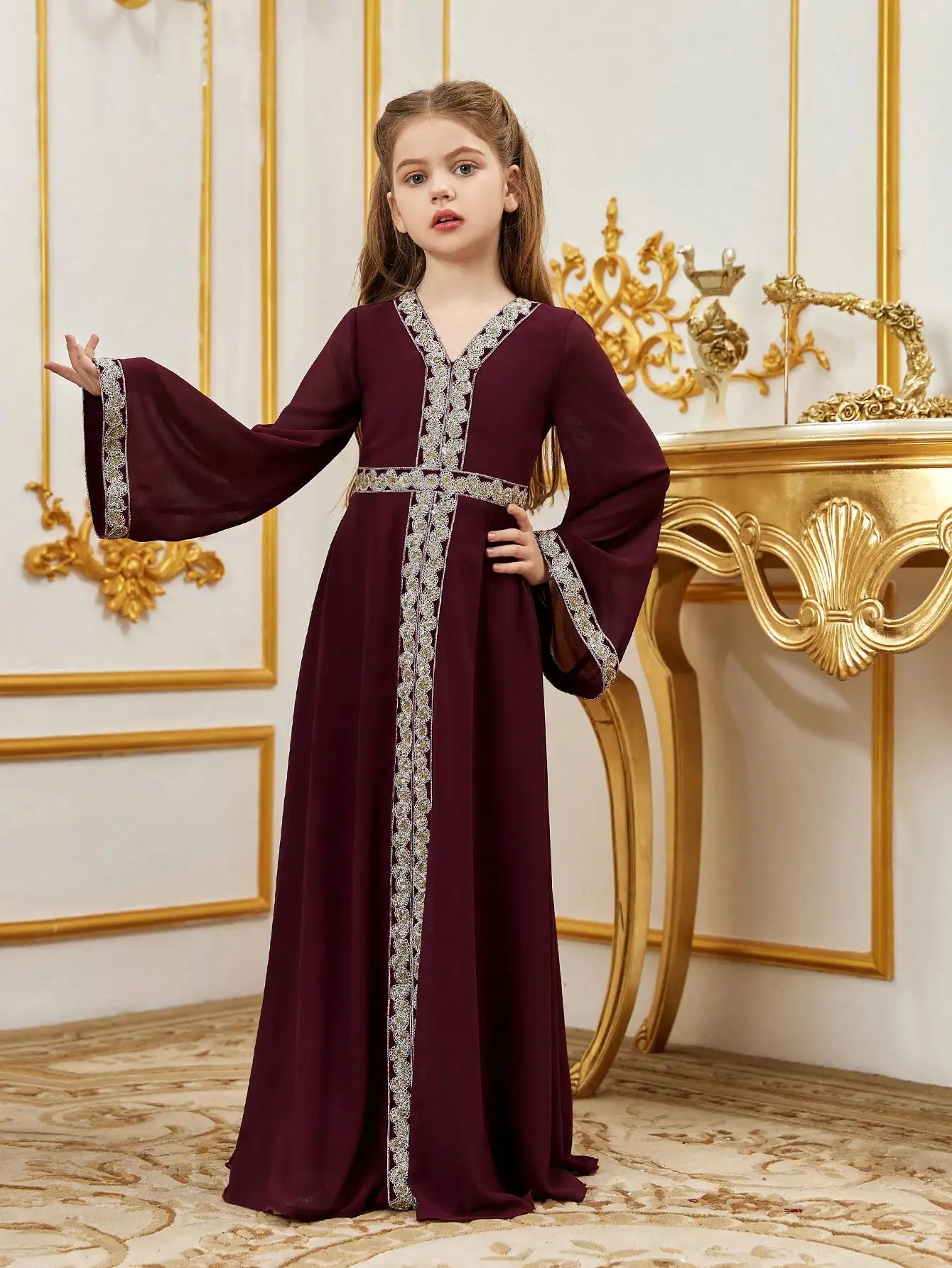 Flare Sleeve Patchwork Ribbon & Chiffon Party Dress,V-Neck Long Sleeve Color Block Knit Dress with Lace Decoration