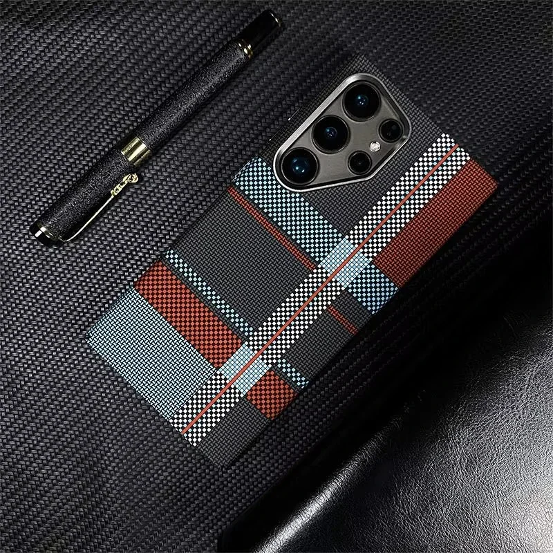 Luxury Kevlar Carbon Fiber Texture For Magsafe Case For Samsung S25 S24 Ultra S23 Plus Metal Camera Protect Wireles Charge Cover