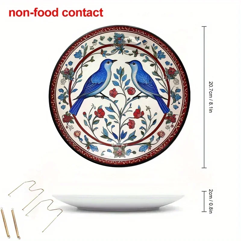 1pc Vintage Blue Birds Ceramic Wall Art Plate, 8 Inch Round Non-Food Contact Hanging Decorative Plate with Floral Branch
