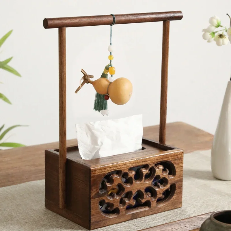 Chinese Wooden Tissue Box, Retro Light Luxury Design, Good Luck  Gourd Pendant, Restaurant and Living Room Decor