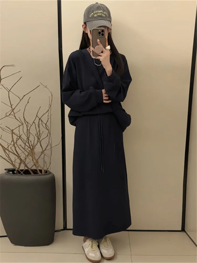 

plus Size Women's Korean Style Fleece Lined Sweatshirt And Skirt Set Casual Loose Autumn Winter Fashion Ensemble