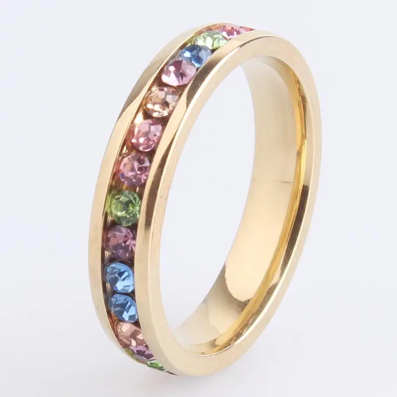 4mm gold and silver color single row multicolour crystal 316L Stainless Steel finger rings for men women wholesale