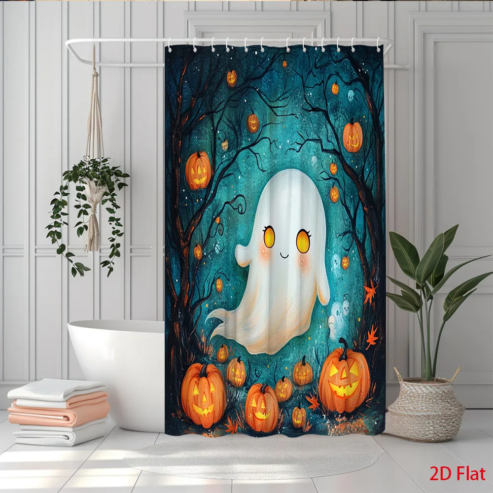 2D Flat, 1pc 2D Flat Halloween Ghost Shower Curtain Cute Spooky Ghosts with Pumpkins Autumn Fall Themed Bathroom Decor Polyester