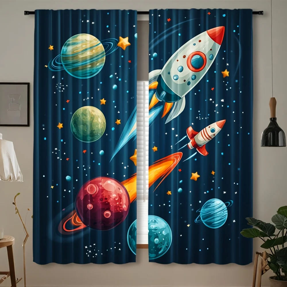 Dark Blue Space Rocket Planet Star Blackout Rod Pocket Curtain Cartoon Cosmic Decor Boys Homestay Bedroom Rest Bay Window