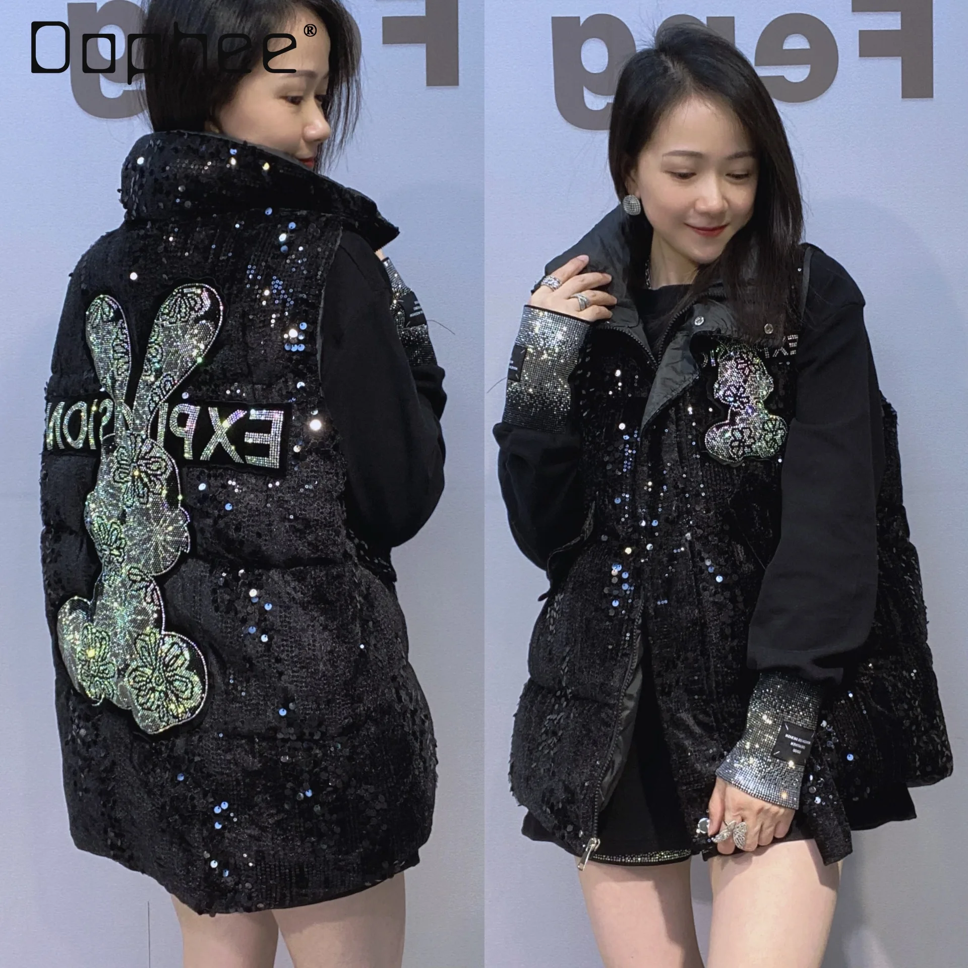 

Черный жилет, свободный кардиган на молнии с блестками, воротник-стойка, корейская куртка без рукавов, зима 2025, новый жилет без рукавов, женский кардиган