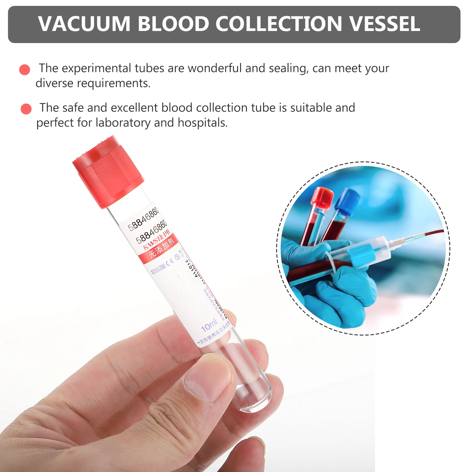 100 Pcs 10ml Blood Collection Tube Glass Tubes Test with Cover Negative Pressure Lids Vacuum Red