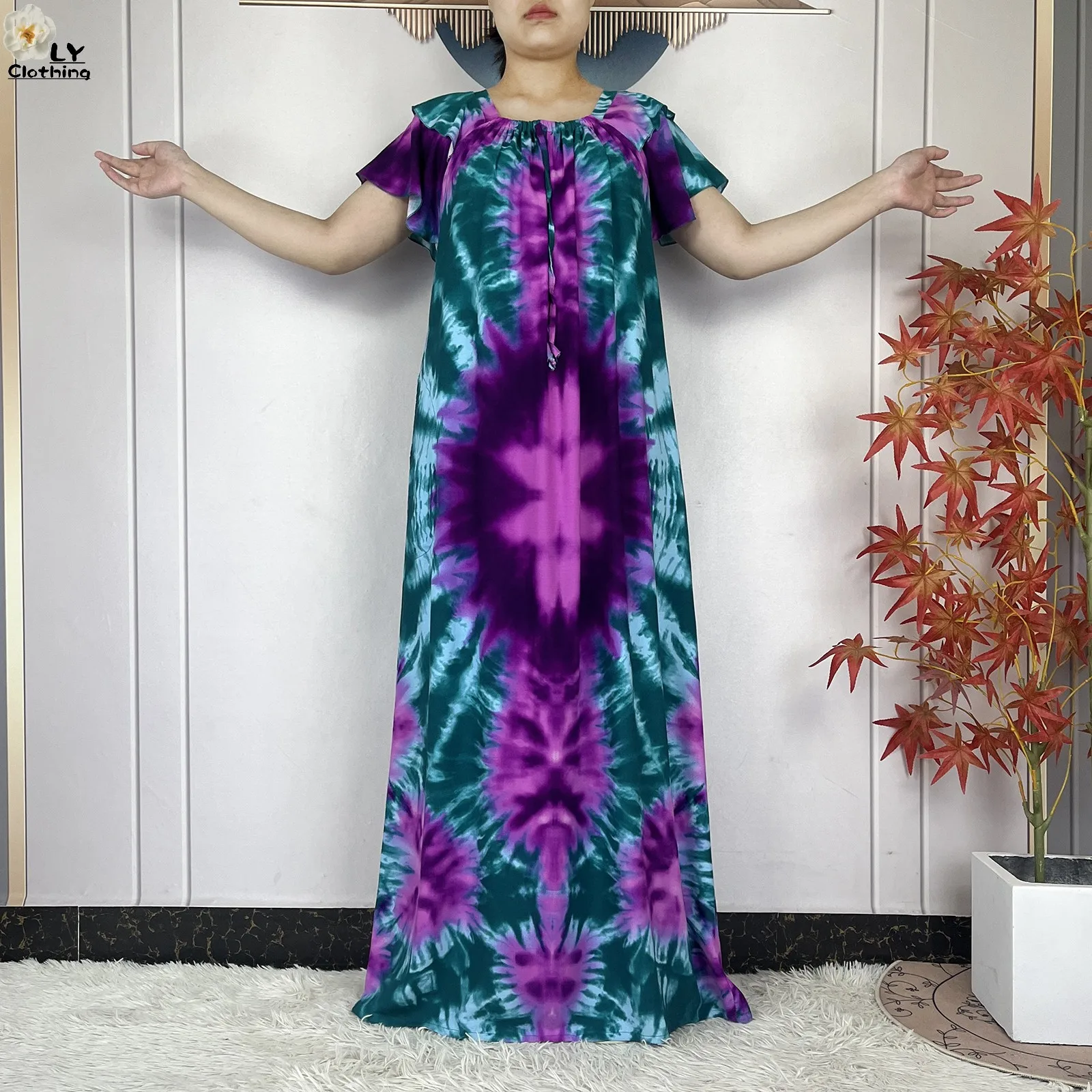 Abaje muzułmańskie z bawełny z krótkim rękawem i dekoltem w łódkę dla kobiet, Dashiki Dubai Kaftan Femme, luźna szata, afrykańskie sukienki islamskie z szalem, 2025