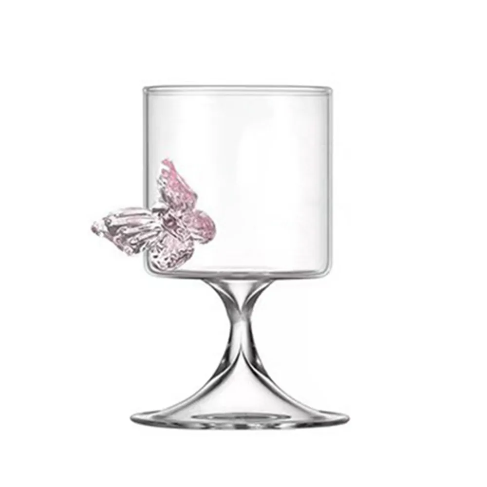

Heat-resistant High Legged Glass Cup INS Decorative Glass Goblet with Butterfly Ornament Stripe 3D Butterfly