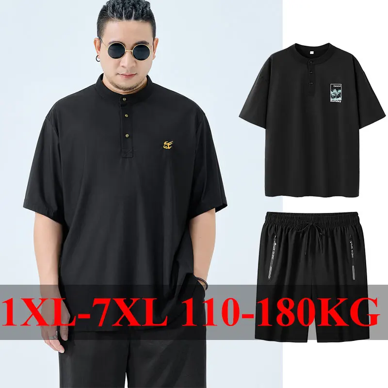 

1pc/2pcs Men's Tops Pants Set Plus Size T-shirt Shorts Summer Quick Drying Suit Loose Breathable Short Sleeved Tees 1-7XL 180KG