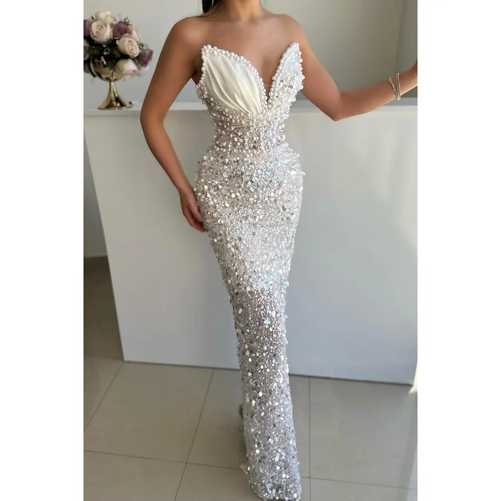 

Exquisite Sequined Pearls Evening Dresses Fashion V-Neck Sleeveless Floor Length Mermaid Party Gowns Slim Luxury Prom Dresses