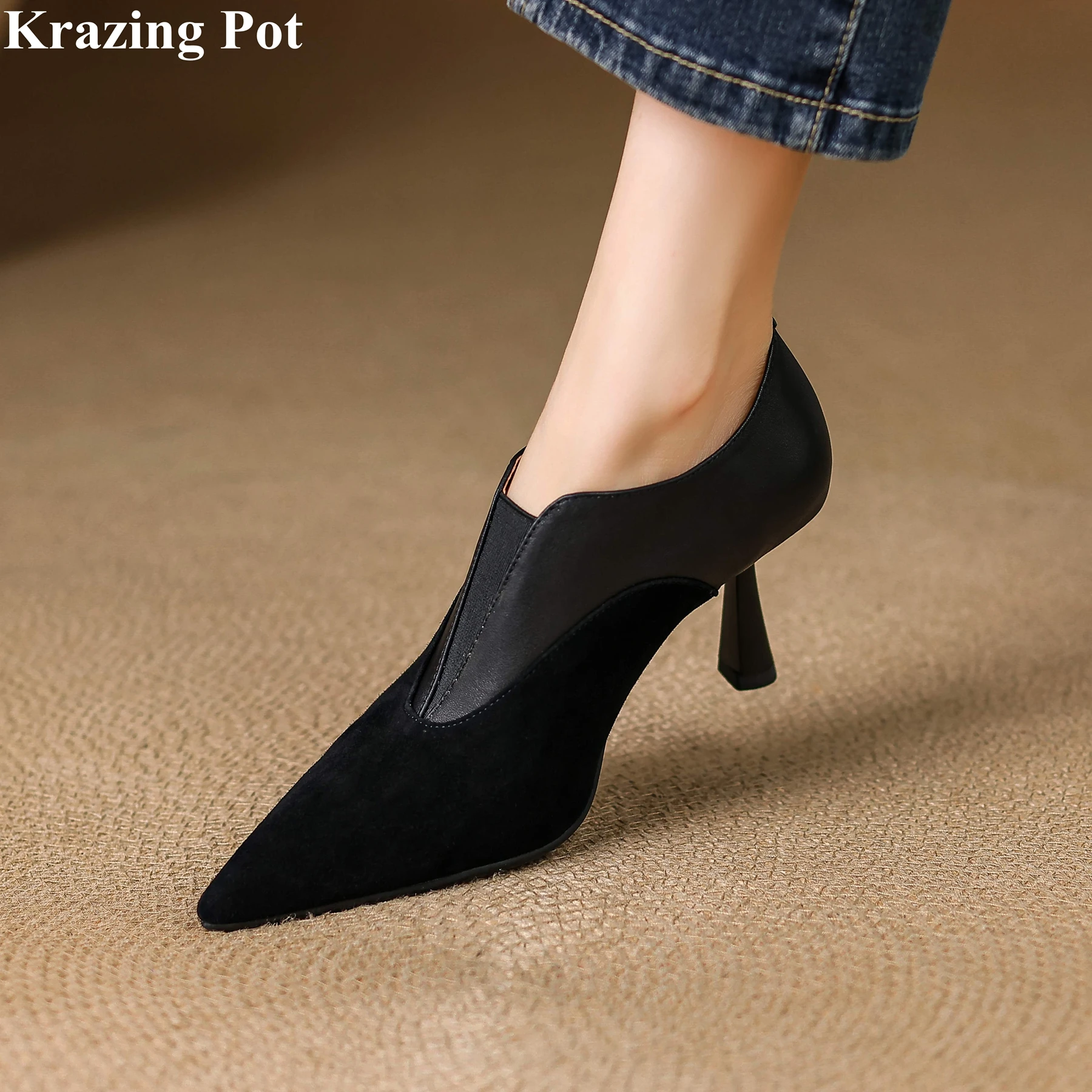 

Krazing Pot Kid Suede Pointed Toe Thin High Heels Shallow Spring Autumn Shoes Office Lady Beauty Party Dress Concise Women Pumps