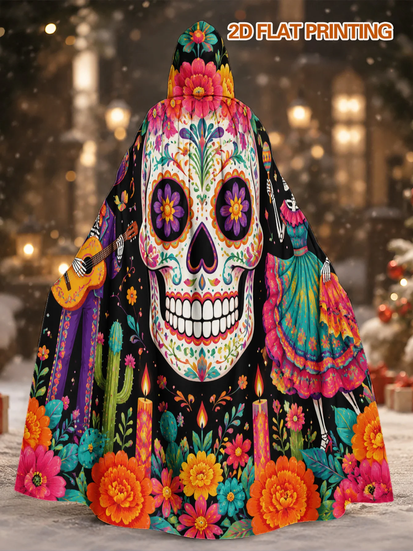 Customization 1pc, Hooded Witch Cape Featuring Day Of The Dead Celebration Pattern, Polyester Costume Robe For Men And Women,