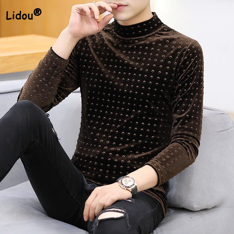 Men\'s Korean Solid Slim Turtleneck Pullovers T-shirt Autumn Winter Male Clothes High Quality Casual All-match Long Sleeve Tops