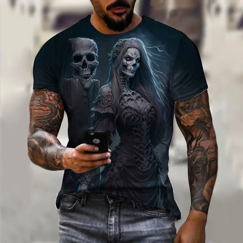 2024 Summer New Fashion Retro T-shirt Man Horror Undead Skull Pattern 3D Printed Short Sleeve Fashion Oversized T-shirt Casual W