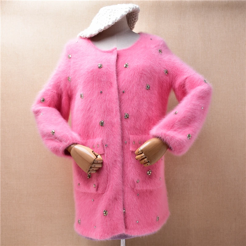 

Ladies Women Fall Winter Clothing Pink Beading Hairy Mink Cashmere Knitted Long Flare Sleeves Slim Cardigans Angora Sweater Coat