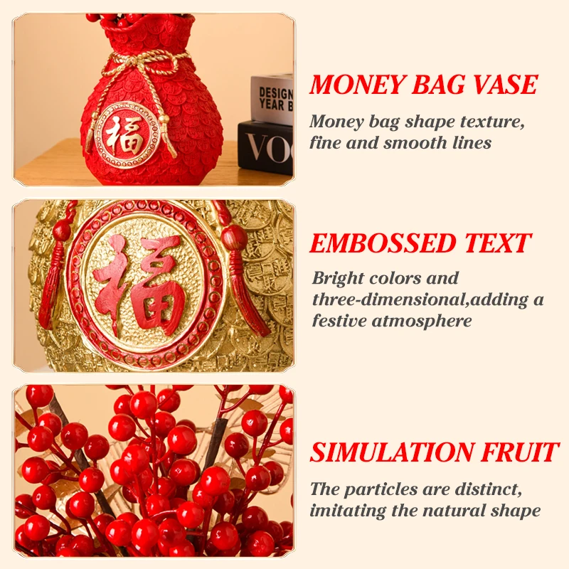 2024 Chinese New Year Decoration Red Fortune Fruit Artificial Golden Eucalyptus Leaf Lucky Flower Money Bag with Red Fruit ​vase