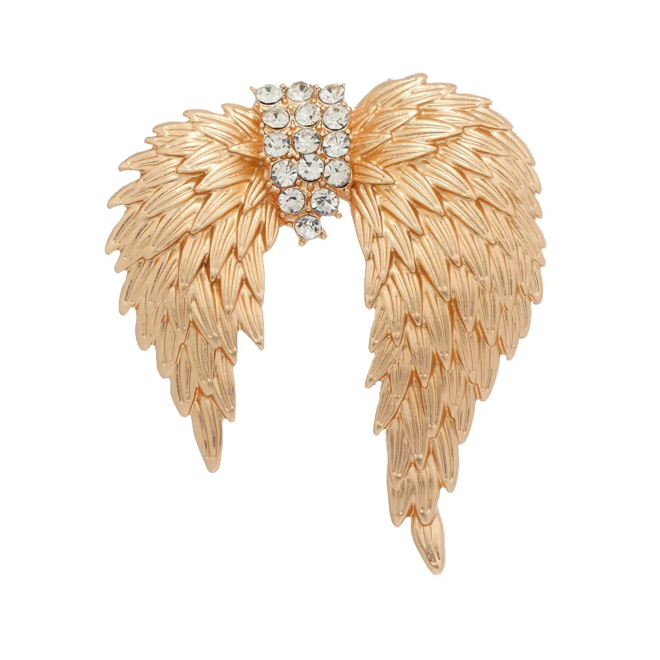Vintage Matte Gold Color Feather Brooches For Women Unisex Luxury Design Rhinestone Angel Wing Brooch Clothing Pin Jewelry Gifts