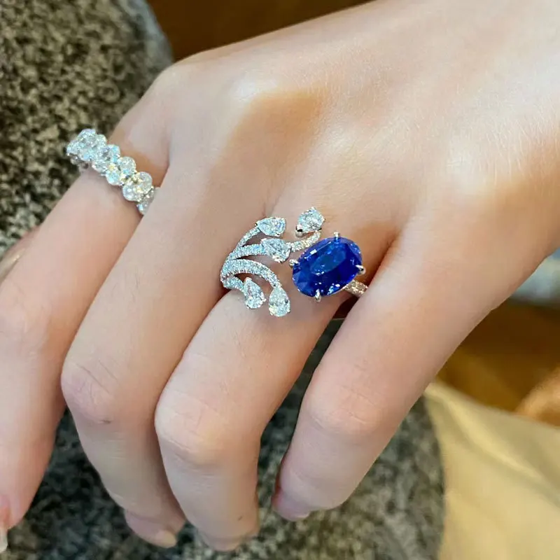 925 sterling silver European and American geometric oval Tanzanine blue ring, women's design, fashionable and simple jewelry