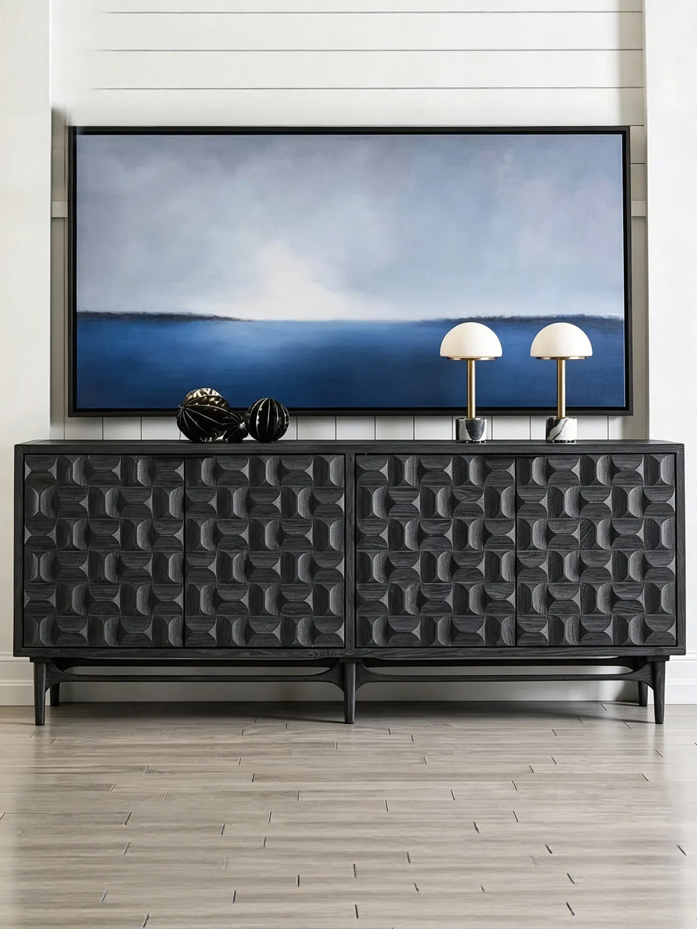 ^Retro Textured Black Wooden Credenza Console Cabinet for Entryway Dining Room Bedroom