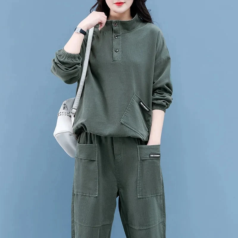 Oversized Women\'s Suit 2023 Spring Autumn Long sleeved Sweatshirt Sportswear Two-piece Loose Solid Female Casual Clothing Sets