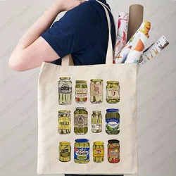Vintage Pickle Pattern Tote Bag Women Canvas Shoulder Funny and Unique Design for Everyday Use Gift for A Girl Who Love Pickle