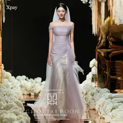 OLOEY Elegant Purple Mermaid Korea Evening Dresses Off Shoulder Tulle Wedding Photos Shoot Corset Formal Customised Prom Gowns