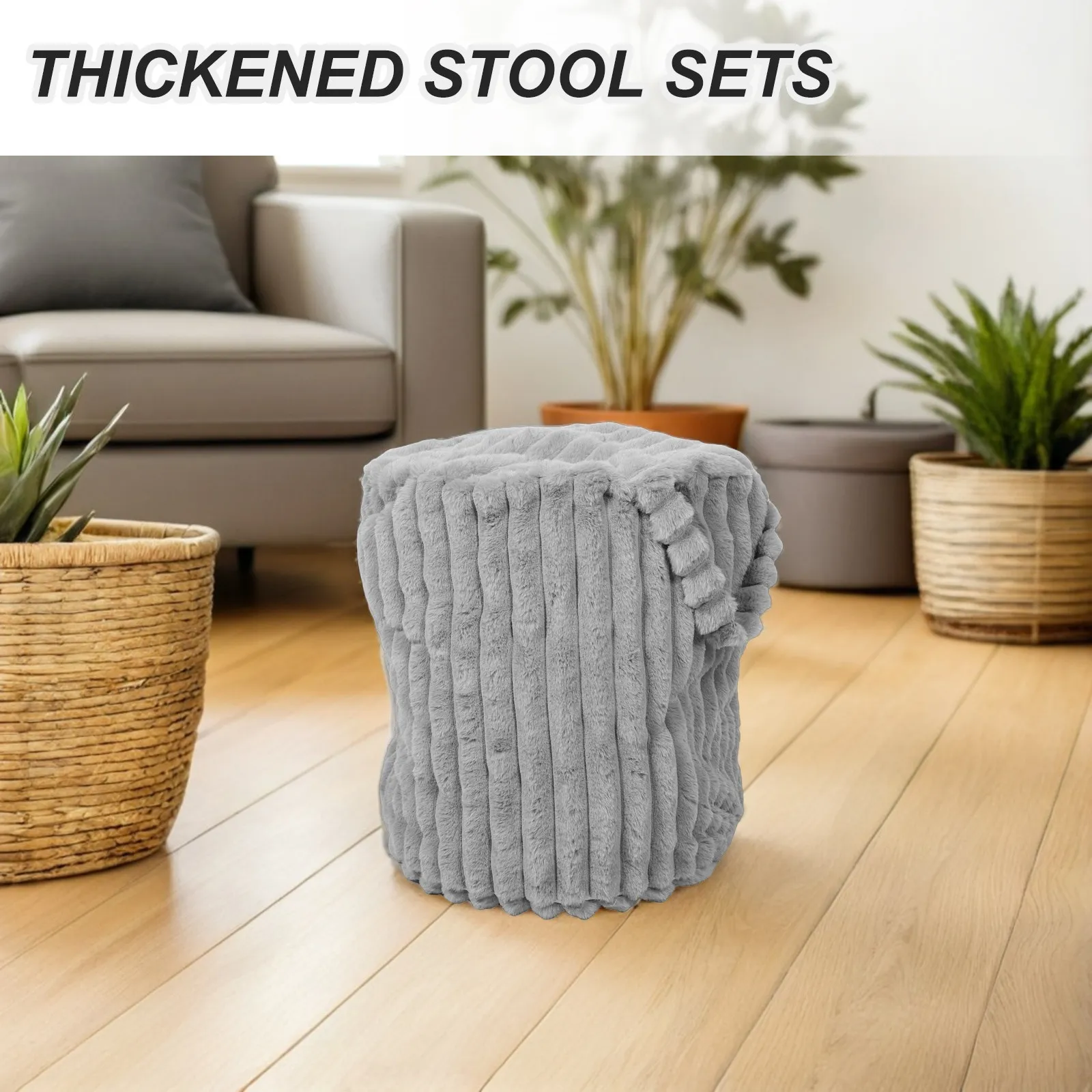 Grey Round Pouf Cover – Washable Ottoman Slipcover for Footstool, Floor Pouf & Chair – Living Room Bedroom Decor