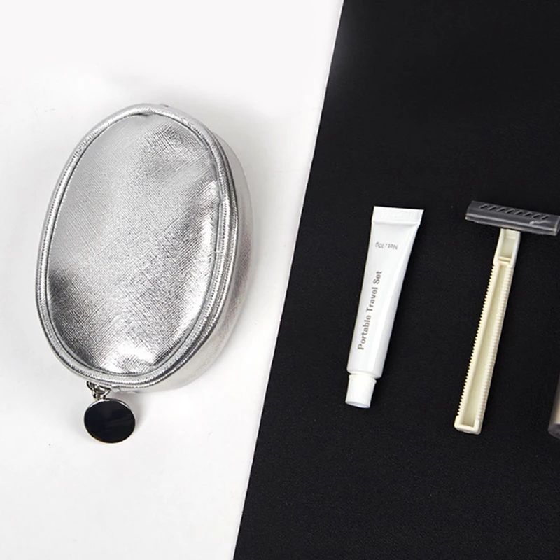 사용자 정의 이름 가죽 라운드 화장품 가방 여행 비행기 미니 Zipr 메이크업 가방 조각 여자 이어폰 보관 가방 실버 주머니