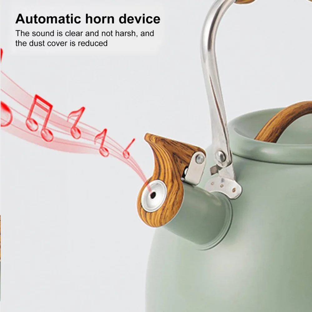 Light Green Whistling Teapot Stainless Steel 3L Capacity Whistling Tea Kettle Wood Pattern Handle Flat Bottom Teapot Home Use