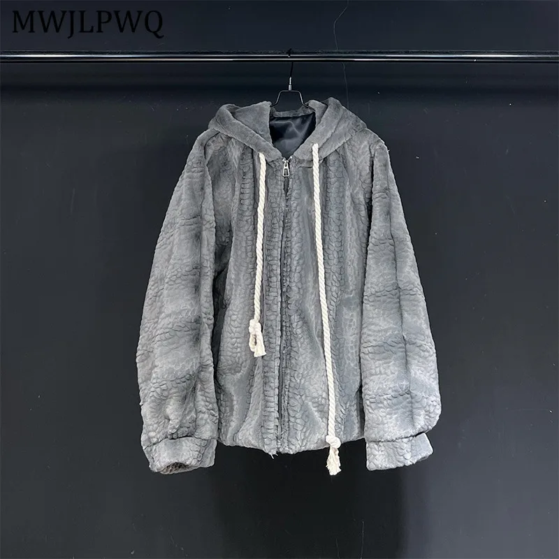 

MWJLPWQ Tie-Dye Gray Striped Embossed Design Padded Male Fur Thickened 2025 Winter Long Sleeve Drawstring New Casual Coat 11281