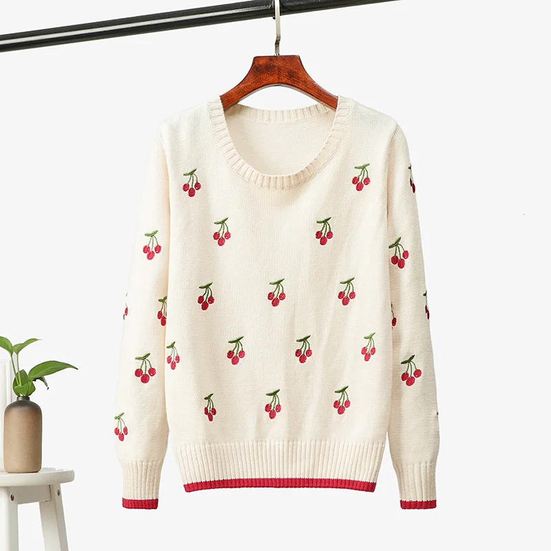 Pretty Cherry Sweater Pullovers Jumper Women O-Neck Sweater Autumn Winter Embroidery Cherry Knitted Pullover Loungewear