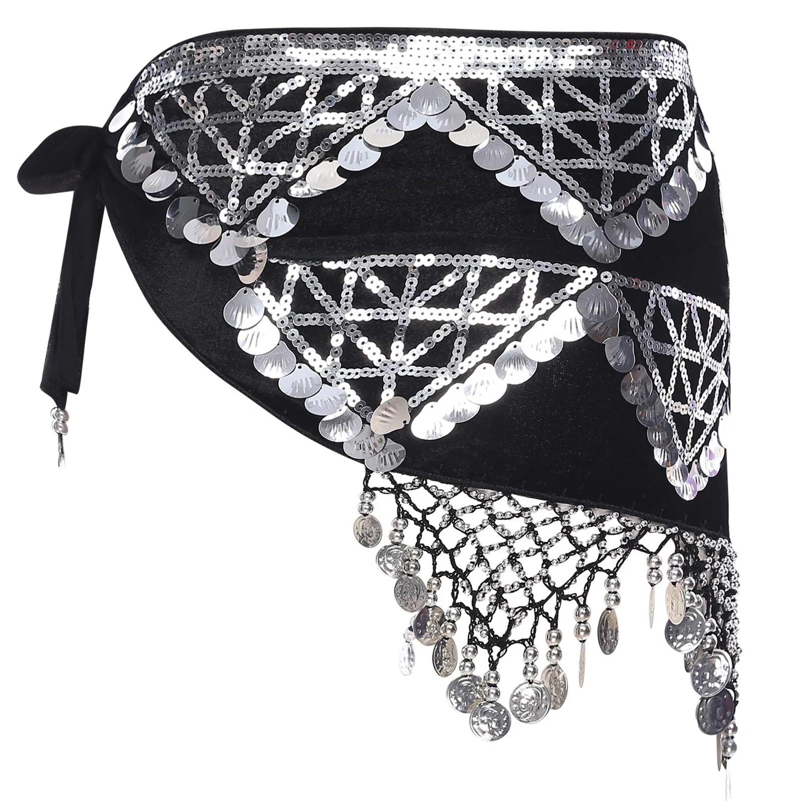 Volwassen dames elegante buikdanskleding pailletten kwastje driehoek sjaal franje wikkelrok voor podium prom volksdansvoorstelling