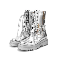 2026 Silver Belt Buckle Cross Strap Rhinestone Short Boots Casual Motorcycle Thick Sole Knight Boot Women Winter Silver Shoes
