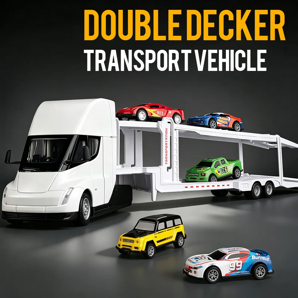 1:32 Double Decker Transport Vehicle Model Alloy Diecast Toys Car Shock Absorption Doors Opened Rubber Tire Pull Back Cars Gifts