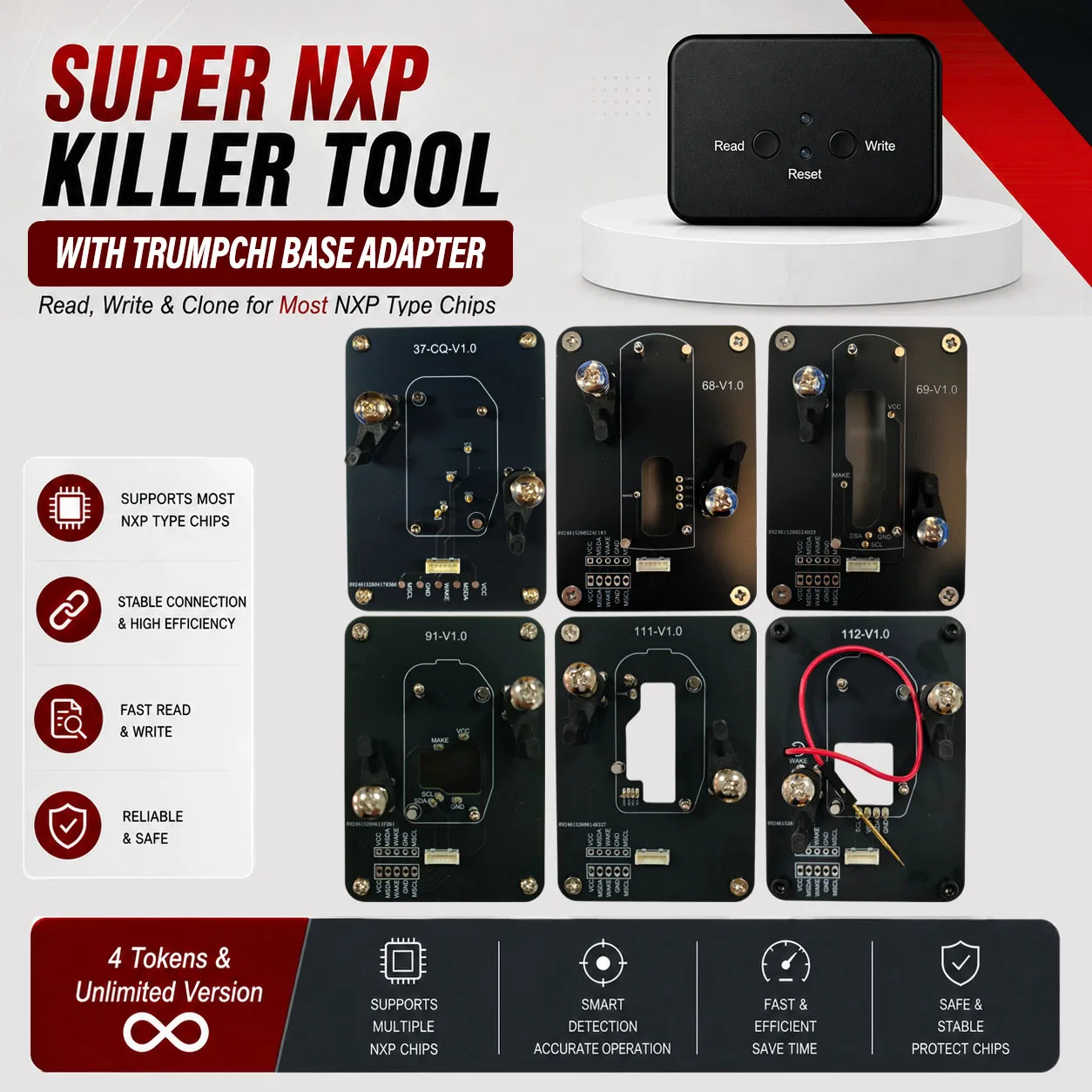 For Trumpchi Key All NXP Smart Keys Clones 4 Tokens & Unlimited Version Super NXP Killer Read Copy Device With Adapter Base