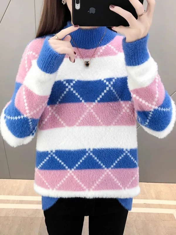 Loose Women's Knitted Sweater Faux Fur Inner Wear for High School And College Students Autumn Winter New Style Fashionable Ve...