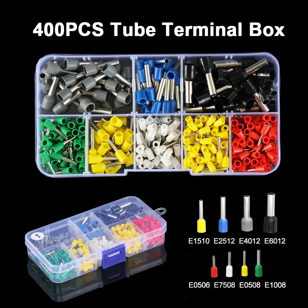 400 Pcs Durable Wire Connect Insulated Connector Crimp Terminator Cold Pressed Insulated Termina E0508 7508 1008 1510 2512 4012