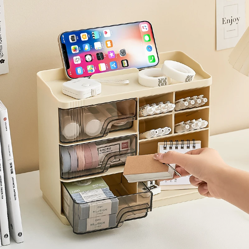 Multi-layer Drawer Type Household Storage , Office Transparent Large Capacity Cream Wind Stationery Storage Box image 2