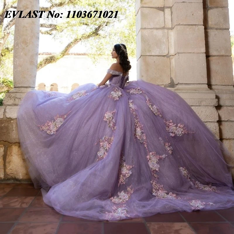 فستان Quinceanera المكسيكي المخصص من EVLAST فستان حفلة مزين بالدانتيل مطرز بالخرز الحلو 16 ثوب Vestidos De XV 15 Anos SQ150