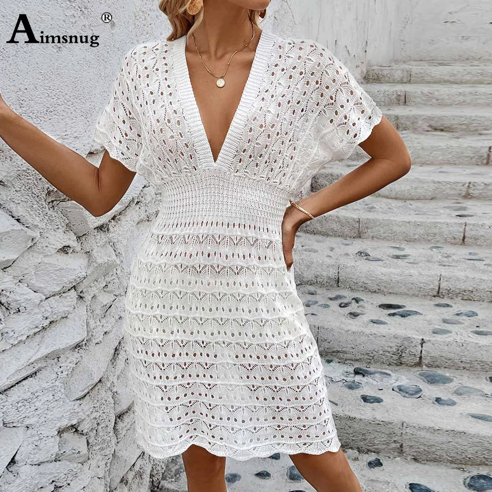 2024 New Summer White Elegant Deep V-neck Dress Women Patchwork Lace Beach Dresses Ladies Vintage Short Mini Knitted Dress Femme