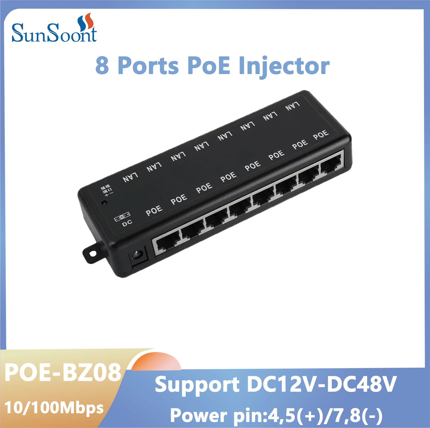 

8-портовый PoE-инжектор PoE Адаптер питания Ethernet Блок питания Pin 4,5 (+)/7,8 (-), вход DC12V-DC48V для IP-камеры 802.3af/at